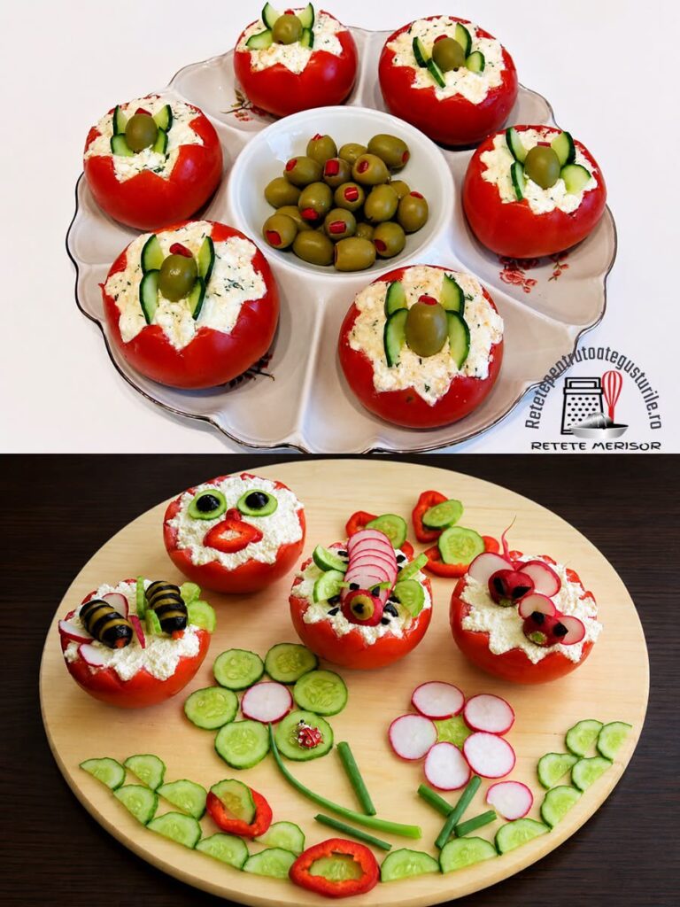 La mare cautare printre aperitivele unei mese festive, dar bune in orice zi ca gustare aceste rosii umplute cu crema de branza, simple, sau decorate haios pentru copii