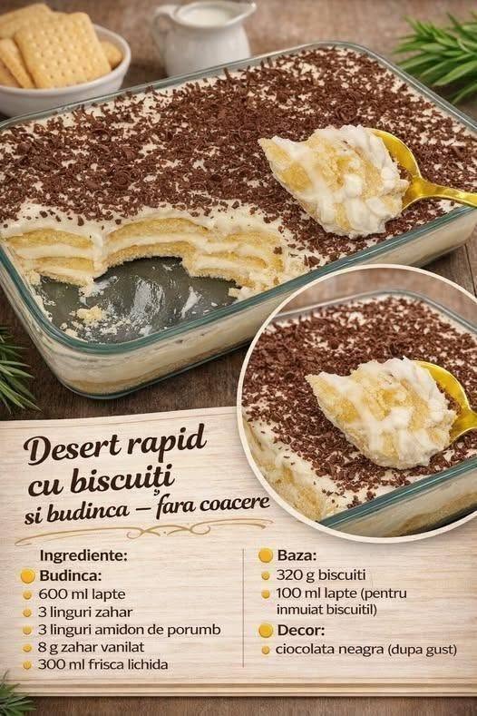 Desert rapid cu biscuiti si budinca – fara coacere, cremos si delicios
