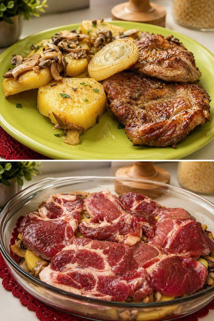 🥩 Ceafă de Porc pe Pat de Legume la Cuptor: Fragedă și Suculentă 🥕