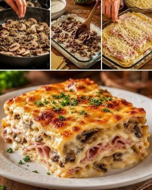 Lasagna cu ciuperci, șuncă și brânză la friteuza cu aer cald: O rețetă cremoasă și incredibil de delicioasă.