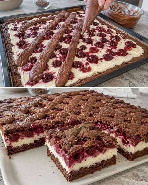 Prăjitură „Pădurea Neagră” în tavă, cu cireșe și frișcă