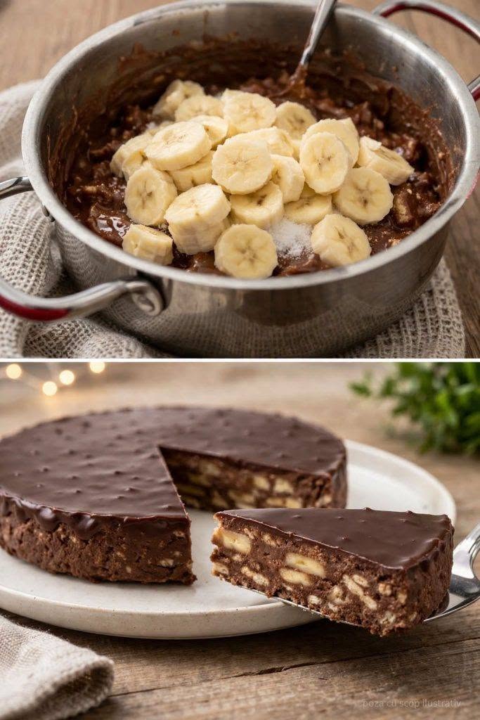 Tort Rapid fără coacere cu ciocolată، biscuiți، banane și cocos 