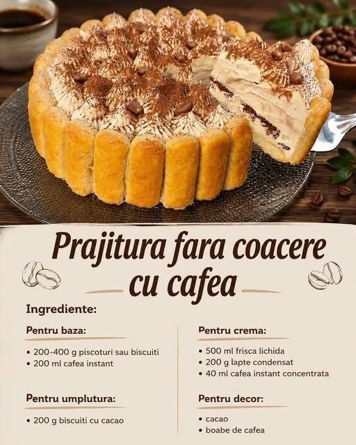 Prajitura cu cafea fara coacere – desert rapid si delicios!Cremoasa, aromata si perfecta pentru iubitorii de cafea. Se prepara usor si arata spectaculos