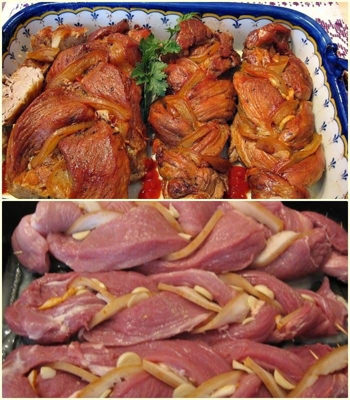 Am cumparat niste muschiulet de porc din piata si m-am gandit sa-l prepar altfel decat o friptura obisnuita, asa ca l-am impletit frumos si l-am impanat cu o sunculita taraneasca si mult usturoi