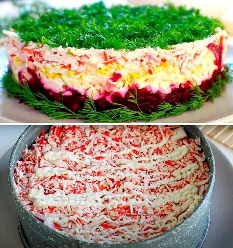 Am făcut această salată în straturi cu sfeclă și surimi pentru cina de duminică și a fost un hit! Chiar și soțul meu, care nu este fan al sfecla, a cerut rețeta! Trebuie să o încercați neapărat! 