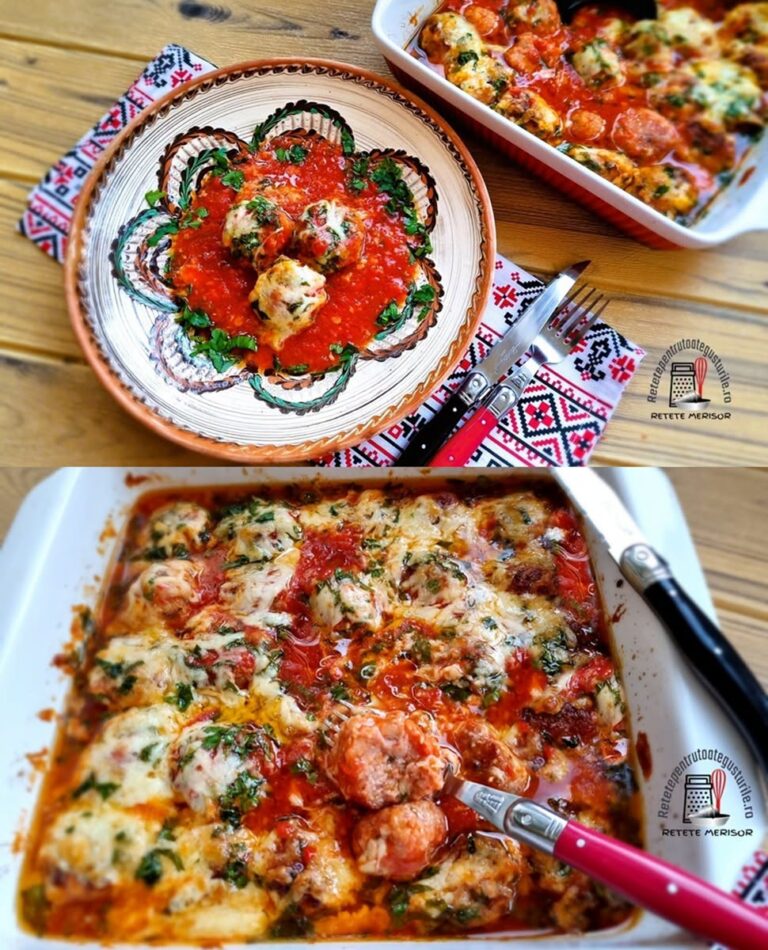 Au ieșit foarte gustoase aceste chiftele în sos de roșii cu mozzarella la cuptor și le-am savurat alături de murăturile preferate!
