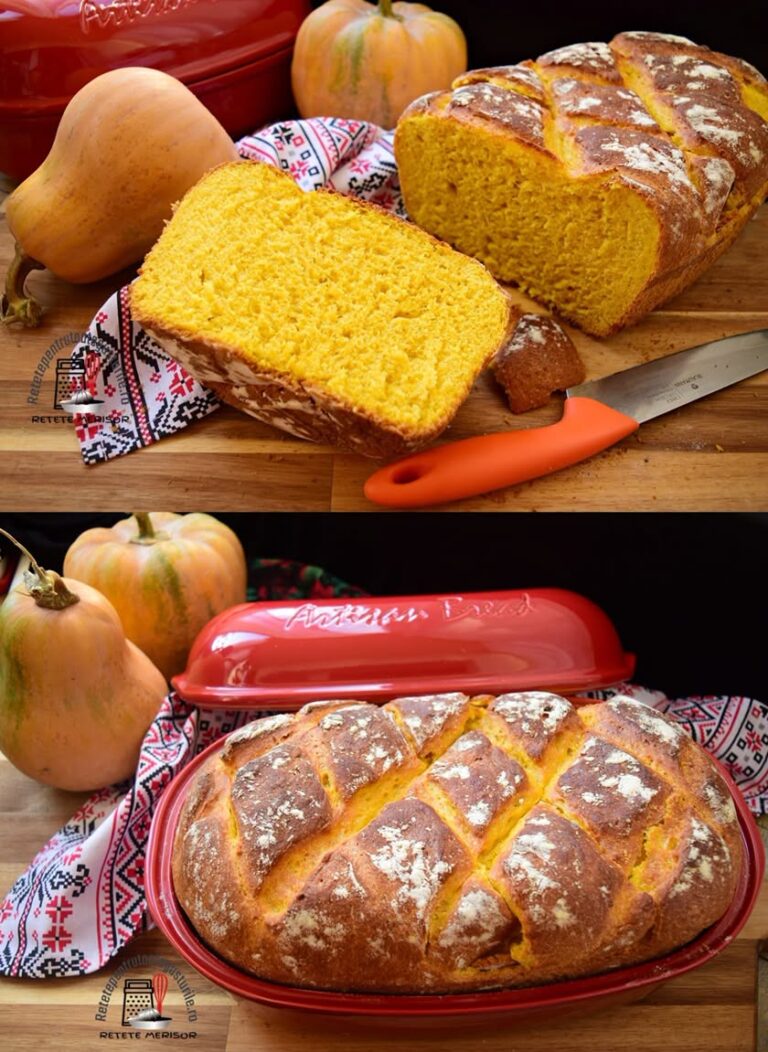Începem ziua în culorile toamnei cu o delicioasă pâine cu dovleac în aluat, pufoasă, gustoasă și frumos colorată.