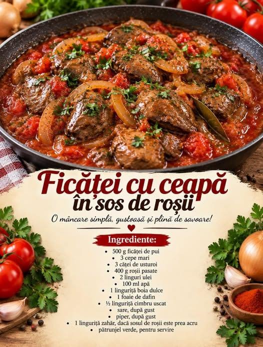 Ficăței cu ceapă în sos de roșii – fragezi, gustoși și cu mult sos!Un preparat simplu, sățios și plin de savoare, perfect pentru un prânz în familie.