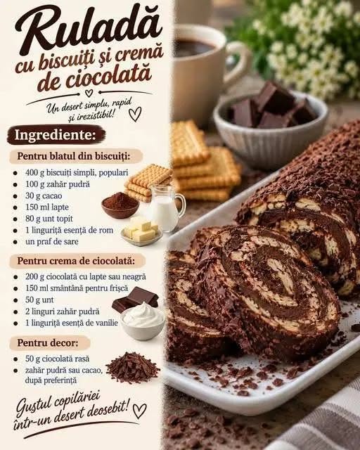Ruladă cu blat din biscuiți și cremă de ciocolatăO prăjitură fără coacere, delicioasă și ușor de pregătit! Blatul moale din biscuiți se combină perfect cu crema fină și bogată de ciocolată, iar rezultatul este o ruladă elegantă, aromată și numai bună pentru momentele în care vrem un desert de casă fără prea multă bătaie de cap.