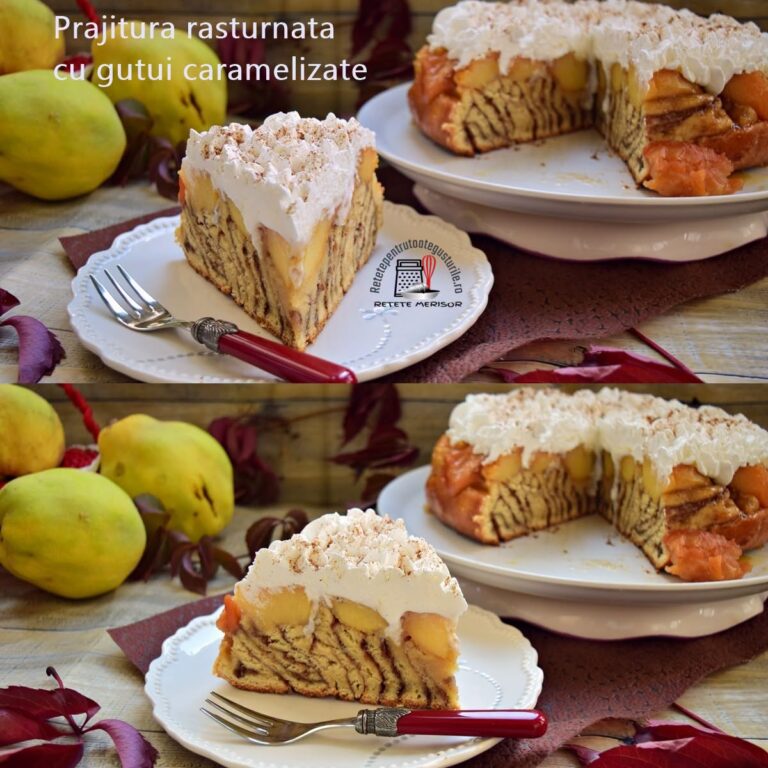 Abia așteptam să se coacă gutuile ca să le pot include în deserturile mele de toamnă și am pregătit pentru weekend o minunată rețetă de prăjitură răsturnată cu gutui caramelizate.