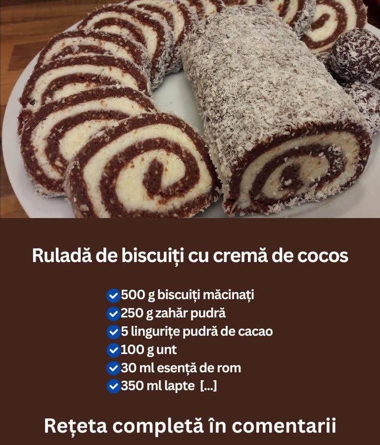 Dacă ești în căutarea unui desert delicios și ușor de preparat, ruladă de biscuiți cu umplutură de cocos este alegerea perfectă. 