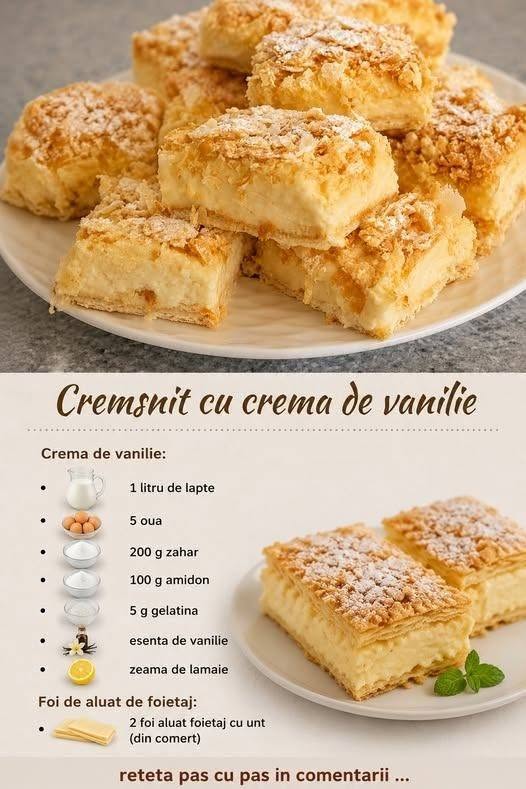 Dacă ești în căutarea unui desert care să impresioneze, cremsnitul cu cremă de vanilie este alegerea perfectă.