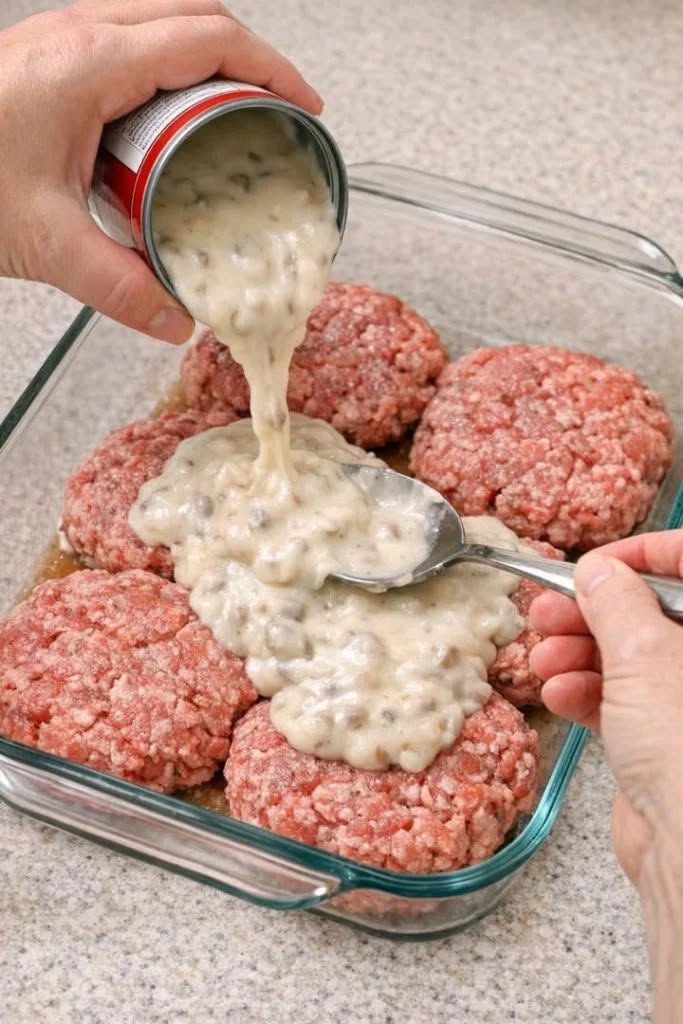 Turnați supa cremă de ciuperci peste chiftelele de carne de vită crudă tocată, împreună cu 2 ingrediente, într-o tavă de copt din sticlă pentru o cină copioasă, unică în fiecare zi.
