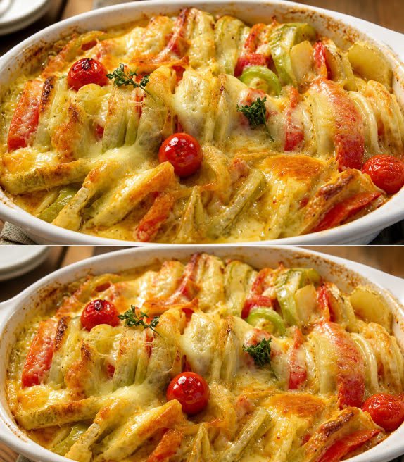 Gratin de pui de casa cu legume , in bere